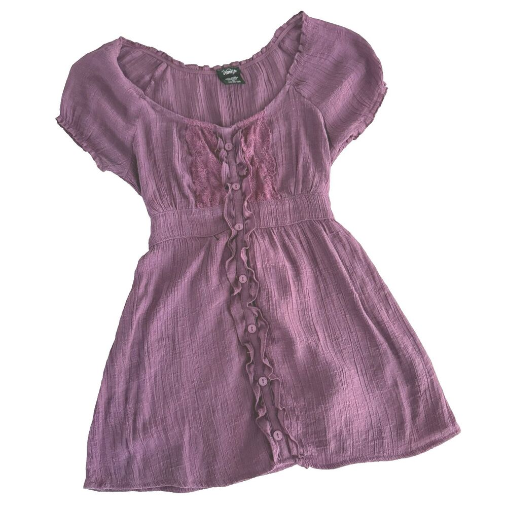 Y2K Vanity M Whimsical Fairy Babydoll Top Plum Flutter Lace Tie Back Ruffle RARE